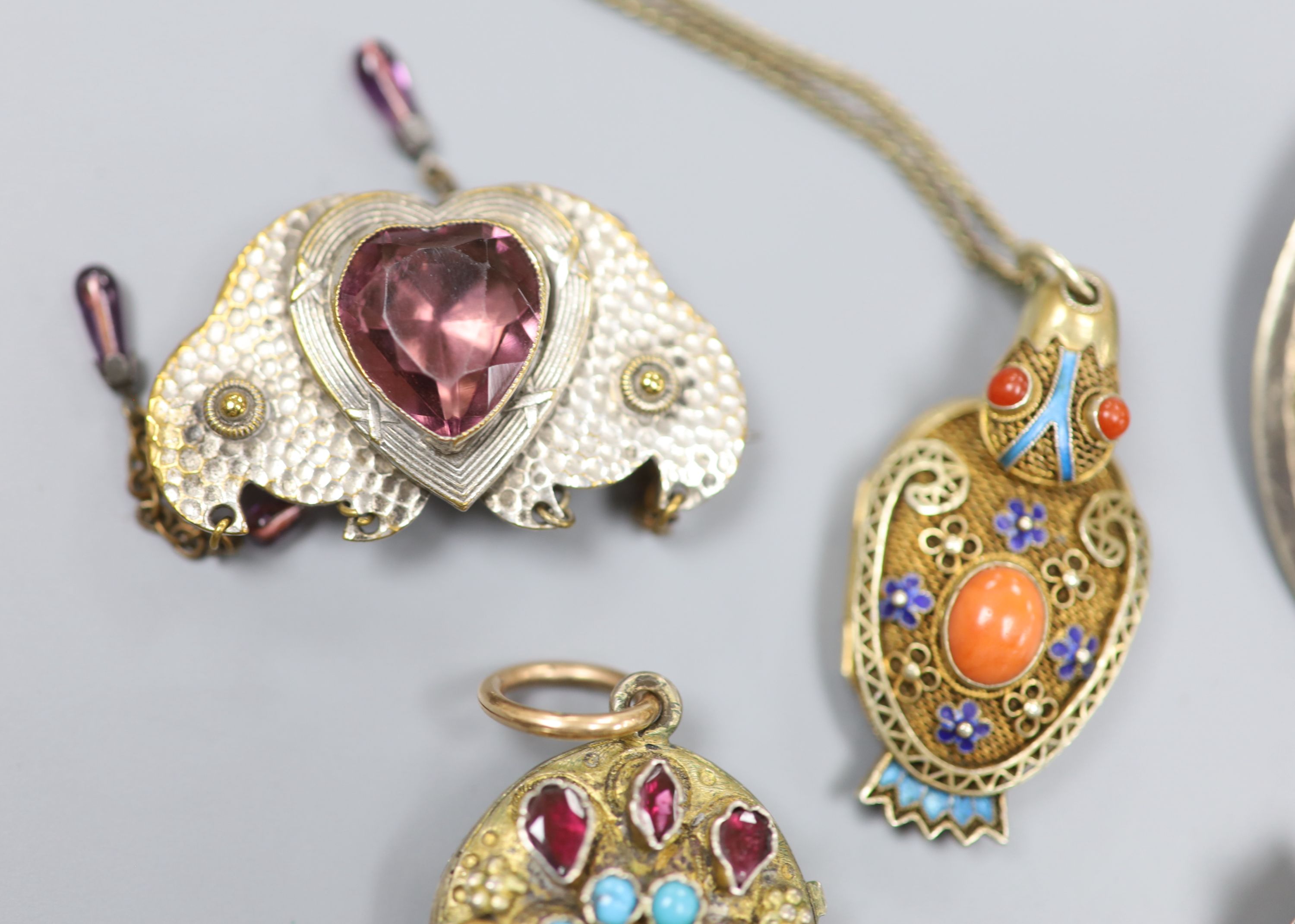 A Chinese filligree gilt white metal, coral and enamel set stylised duck locket, 41mm and other items.